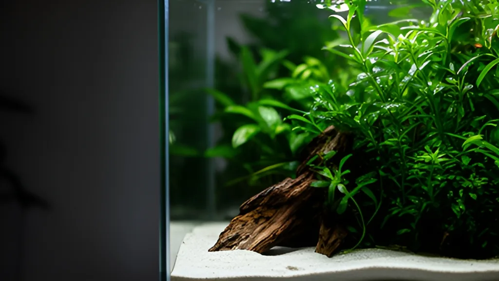 Végétation aquatique et racine dans un aquarium d’eau douce