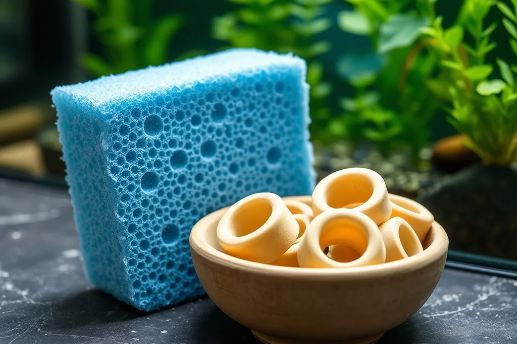 Mousse filtrante et anneaux de céramique près d’un aquarium planté