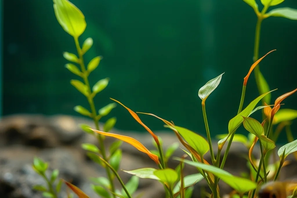 Feuilles vertes et orangées devant des roches dans un aquarium